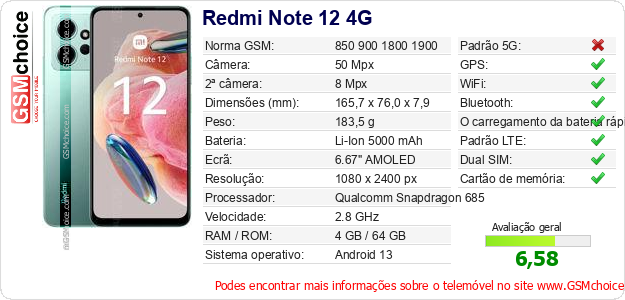 Redmi Note 12 4G Especificações técnicas do telemóvel 