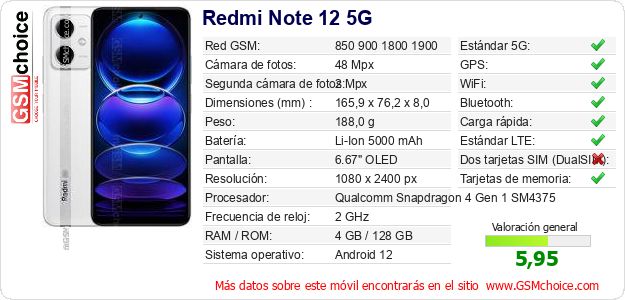 Redmi Note 12 5G Datos técnicos del móvil 