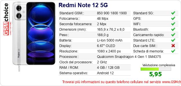 Redmi Note 12 5G Dati tecnici di telefono cellulare 