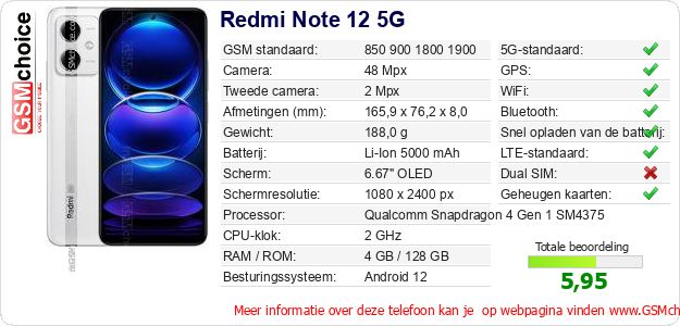 Redmi Note 12 5G Technische gegevens Redmi Note 12 5G Technische gegevens