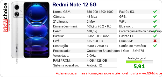 Redmi Note 12 5G Especificações técnicas do telemóvel 