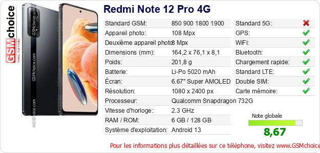 Redmi Note 12 Pro 4G Fiche technique