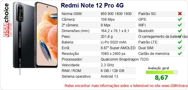 Redmi Note 12 Pro 4G Especificações técnicas do telemóvel 