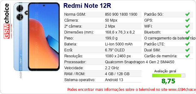 Redmi Note 12R Especificações técnicas do telemóvel 