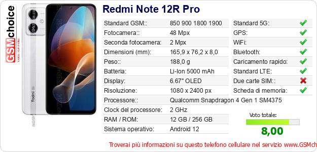 Redmi Note 12R Pro Dati tecnici di telefono cellulare 