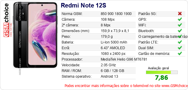 Redmi Note 12S Especificações técnicas do telemóvel 