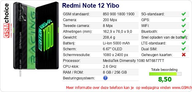 Redmi Note 12 Yibo Technische gegevens Redmi Note 12 Yibo Technische gegevens