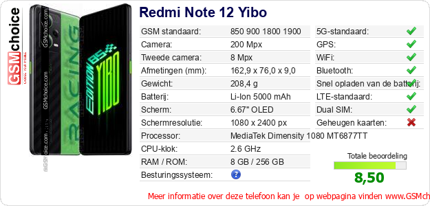 Redmi Note 12 Yibo Technische gegevens 