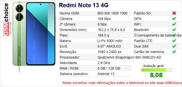Redmi Note 13 4G Especificações técnicas do telemóvel 