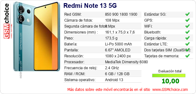 Redmi Note 13 5G Datos técnicos del móvil 