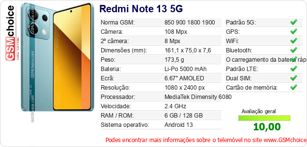 Redmi Note 13 5G Especificações técnicas do telemóvel 