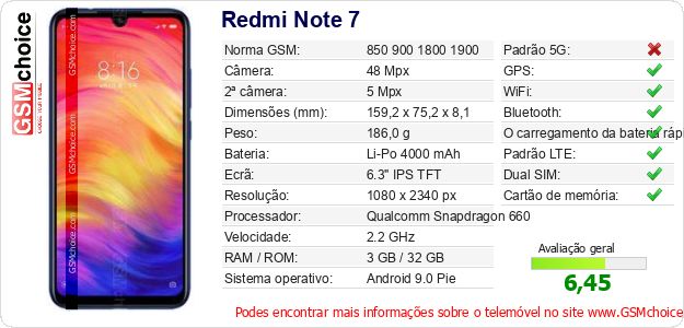 Redmi Note 7 Especificações técnicas do telemóvel 