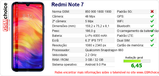 Redmi Note 7 Especificações técnicas do telemóvel 