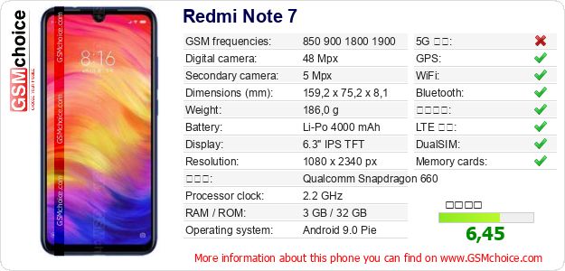 Redmi Note 7 手機技術數據