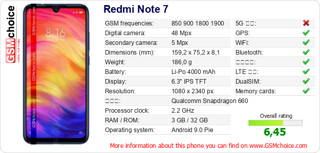 Redmi Note 7 手機技術數據