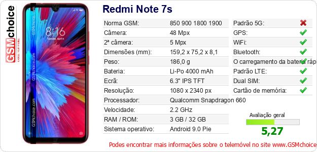 Redmi Note 7s Especificações técnicas do telemóvel 