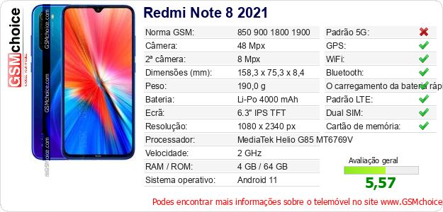 Redmi Note 8 2021 Especificações técnicas do telemóvel 