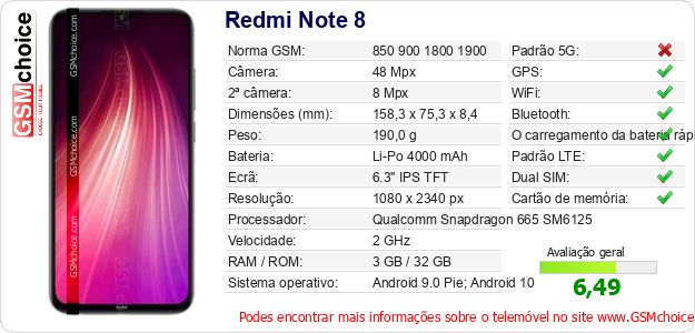 Redmi Note 8 Especificações técnicas do telemóvel 