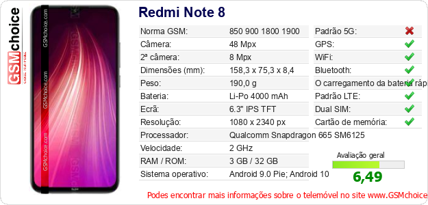 Redmi Note 8 Especificações técnicas do telemóvel 