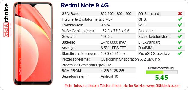 Redmi Note 9 4G technische Daten Redmi Note 9 4G technische Daten