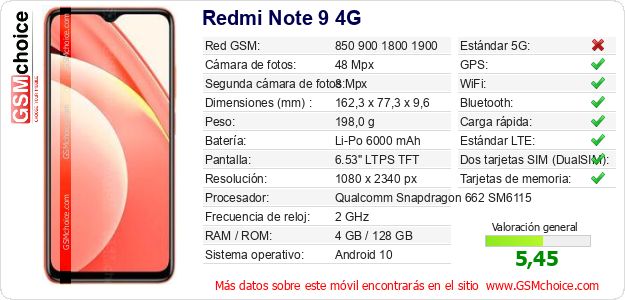 Redmi Note 9 4G Datos técnicos del móvil 