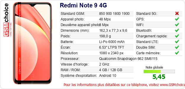 Redmi Note 9 4G Fiche technique Redmi Note 9 4G Fiche technique