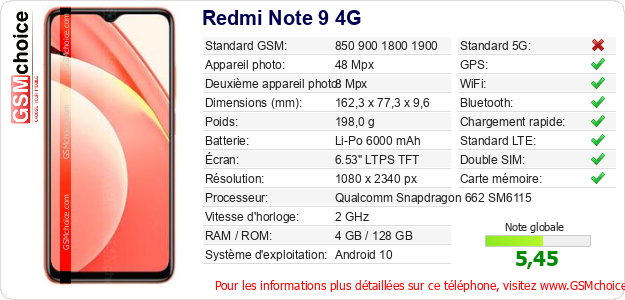 Redmi Note 9 4G Fiche technique Redmi Note 9 4G Fiche technique