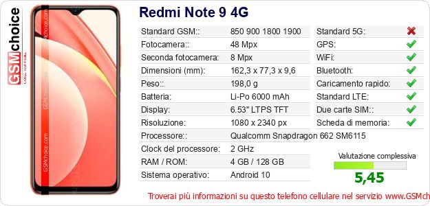 Redmi Note 9 4G Dati tecnici di telefono cellulare 