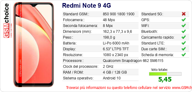 Redmi Note 9 4G Dati tecnici di telefono cellulare 
