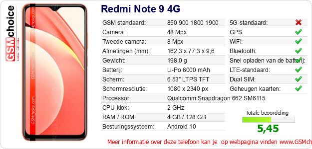 Redmi Note 9 4G Technische gegevens Redmi Note 9 4G Technische gegevens