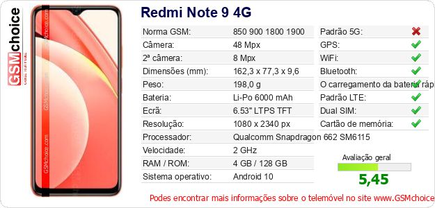 Redmi Note 9 4G Especificações técnicas do telemóvel 