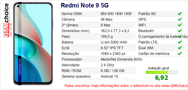 Redmi Note 9 5G Especificações técnicas do telemóvel 