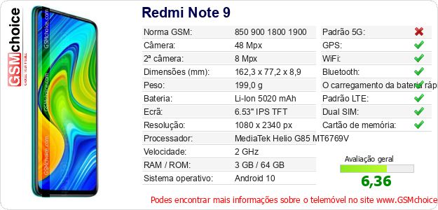 Redmi Note 9 Especificações técnicas do telemóvel 