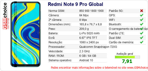 Redmi Note 9 Pro Global Especificações técnicas do telemóvel Redmi Note 9 Pro Global Especificações técnicas do telemóvel