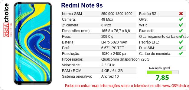 Redmi Note 9s Especificações técnicas do telemóvel 
