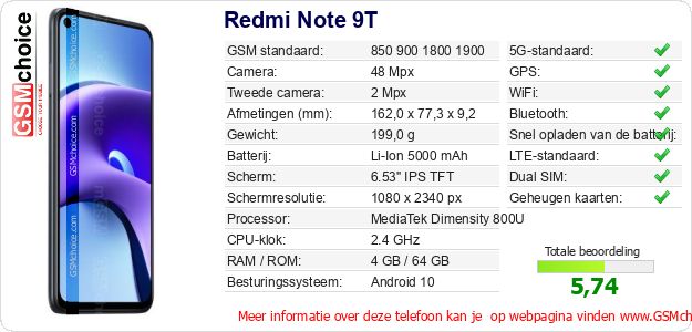 Redmi Note 9T Technische gegevens Redmi Note 9T Technische gegevens