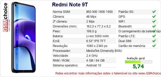 Redmi Note 9T Especificações técnicas do telemóvel 