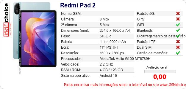 Redmi Pad 2 Especificações técnicas do telemóvel Redmi Pad 2 Especificações técnicas do telemóvel