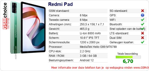 Redmi Pad Technische gegevens 