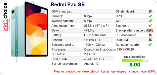 Redmi Pad SE Technische gegevens Redmi Pad SE Technische gegevens
