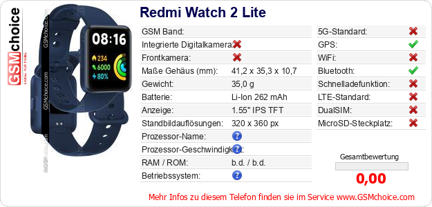 Redmi Watch 2 Lite technische Daten Redmi Watch 2 Lite technische Daten