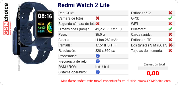 Redmi Watch 2 Lite Datos técnicos del móvil 