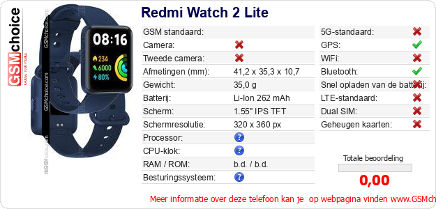 Redmi Watch 2 Lite Technische gegevens 