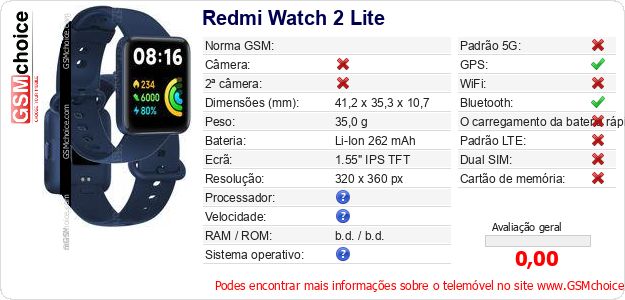 Redmi Watch 2 Lite Especificações técnicas do telemóvel Redmi Watch 2 Lite Especificações técnicas do telemóvel
