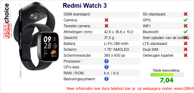 Redmi Watch 3 Technische gegevens 