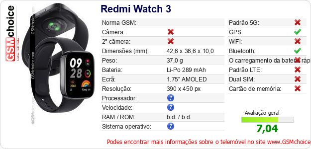 Redmi Watch 3 Especificações técnicas do telemóvel 