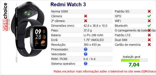 Redmi Watch 3 Especificações técnicas do telemóvel Redmi Watch 3 Especificações técnicas do telemóvel