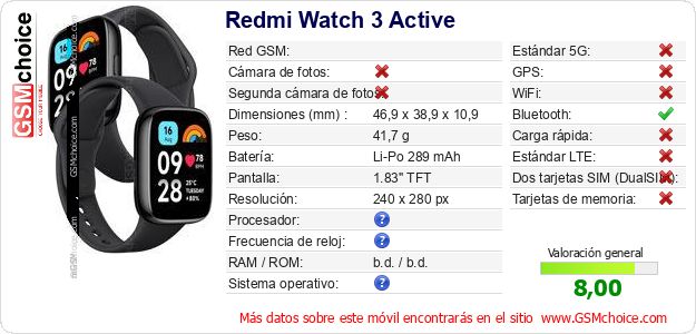 Redmi Watch 3 Active Datos técnicos del móvil Redmi Watch 3 Active Datos técnicos del móvil