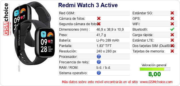 Redmi Watch 3 Active Datos técnicos del móvil Redmi Watch 3 Active Datos técnicos del móvil