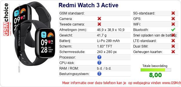 Redmi Watch 3 Active Technische gegevens Redmi Watch 3 Active Technische gegevens